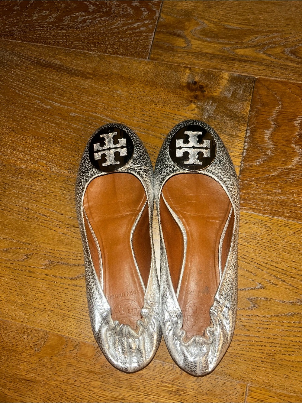 Tory Burch Metallic Silver Reva Leather Flats
